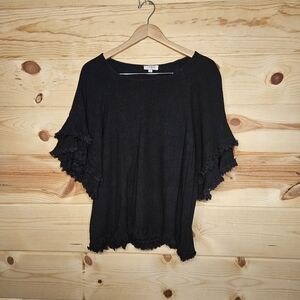 Umgee Womens Black Frayed Hem Women's Top With Two Layer Bell Sleeves Size S